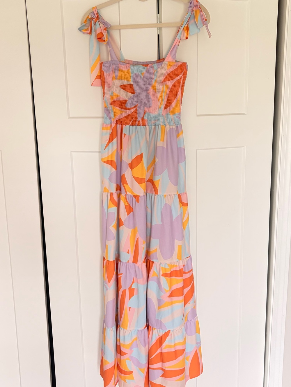 Pastel Abstract Floral Tiered Maxi Dress - Lavender, Yellow, Blue